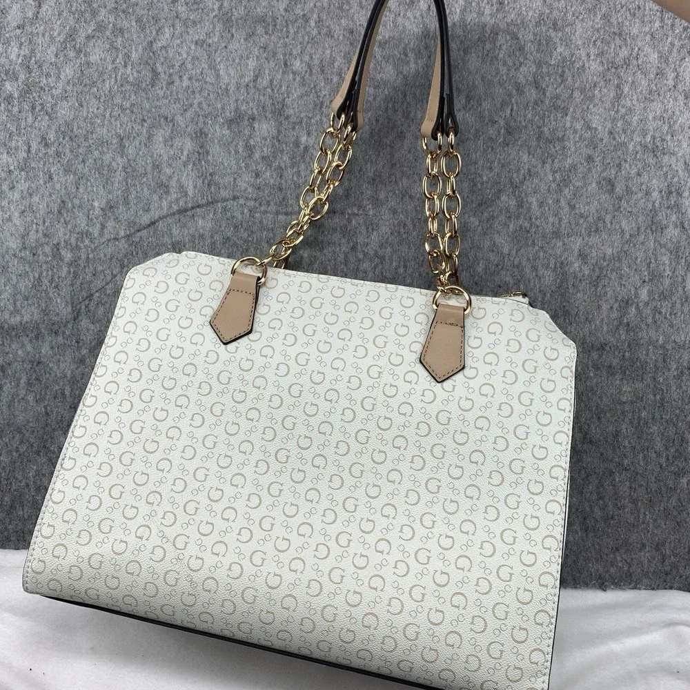 Guess Ellison Logo Satchel Tote Shoulder Bag Purse - Beige/Brown (13.5"x10.5") - Picture 2 of 12